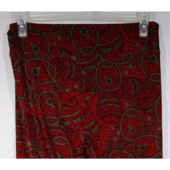 New LuLaRoe Tall & Curvy Leggings Red With Olive Green Floral Paisley Designs - Picture 1 of 6